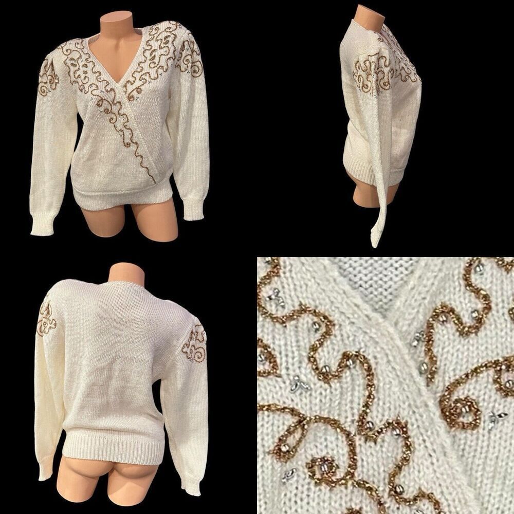 Vintage‎ Jaclyn Smith Metallic Beaded Gold Silver Wrap Sweater Size Large Swirl